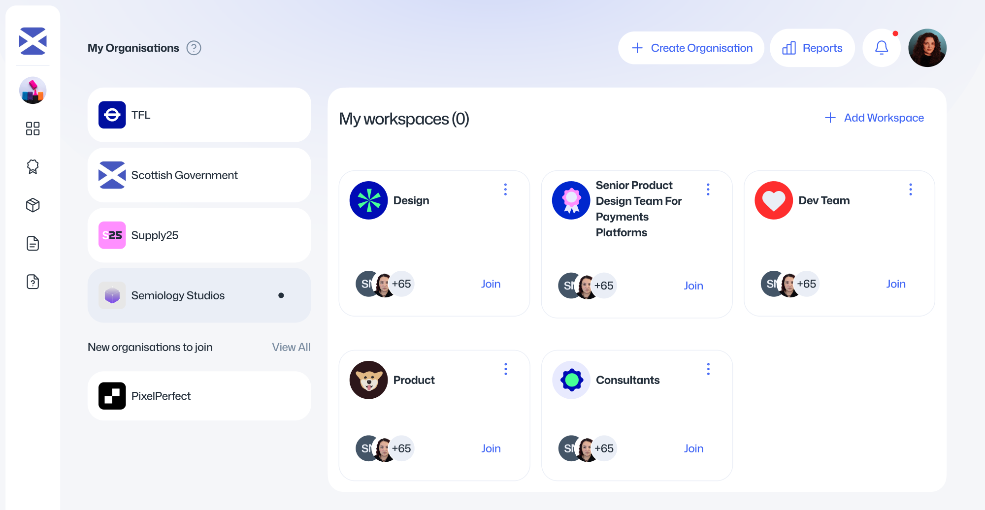 A newly joined organisation in the list. Its workspaces are listed with Join links for each.